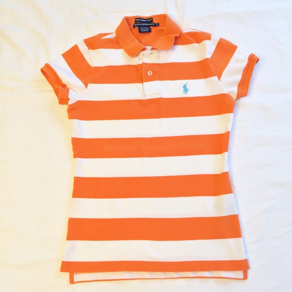 Ralph Lauren Orange White Stripe Skinny Polo SZ S